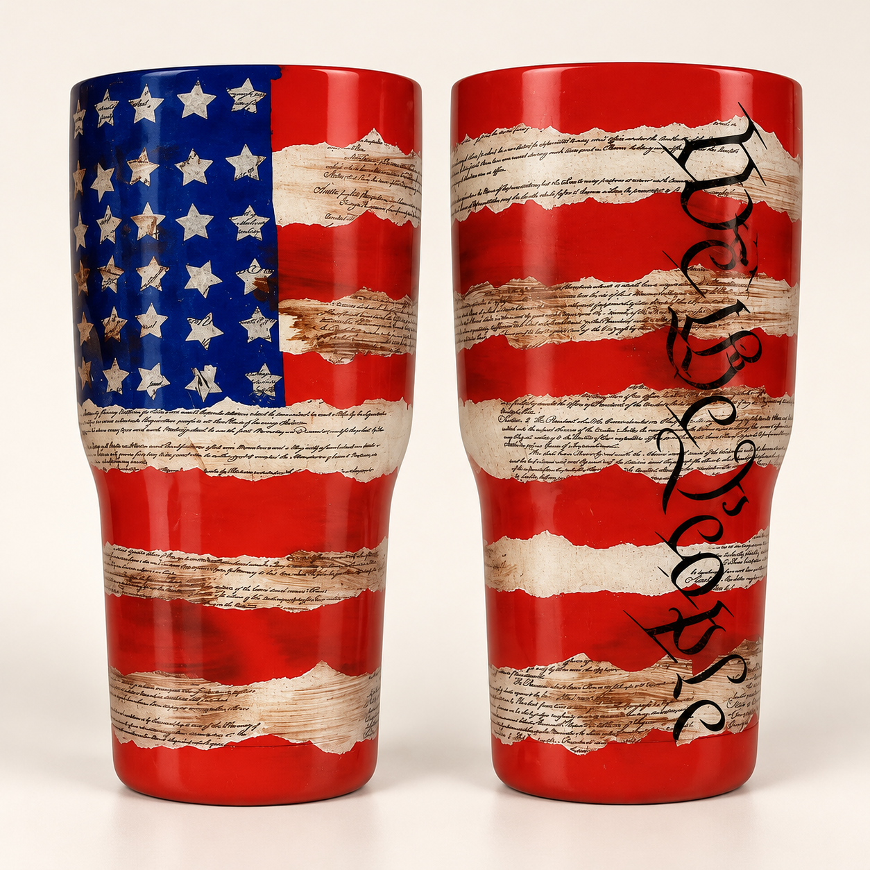 Two views of the same American flag tumbler shown side by side: the front shows stars and stripes with old-document text, the back shows We the People in black script